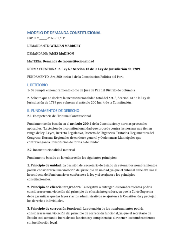Demanda Caso Marbury Vs Madison | PDF | Constitución | Tribunal Supremo ...
