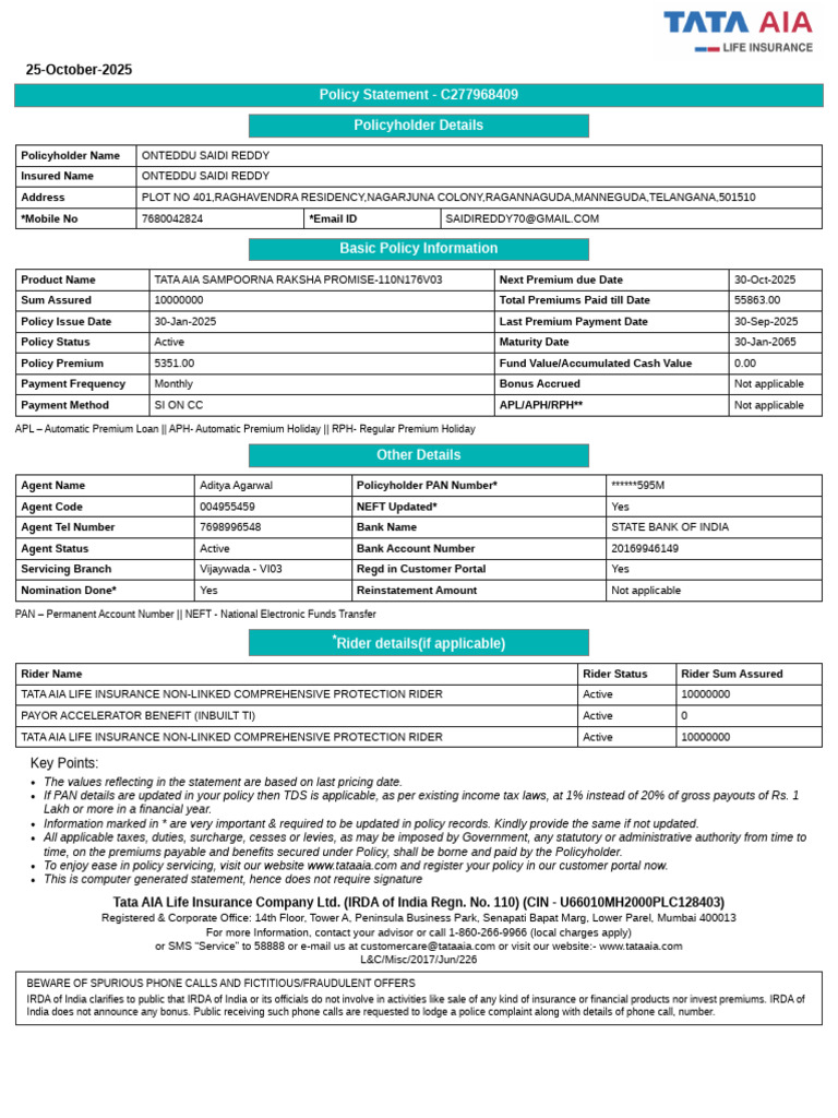 TATA AIA Policy Statement for ONTEDDU Reddy | PDF | Insurance | Life ...