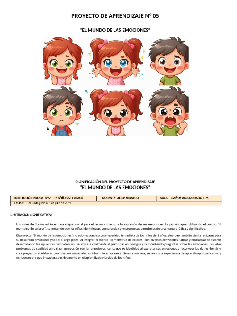 Proyecto de Aprendizaje: Emociones en Niños | PDF | Las emociones ...