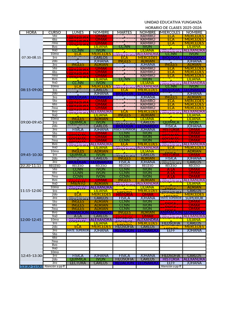 Horario Clases Unidad Educativa Yunganza 2025-2026 | PDF | Idiomas del ...