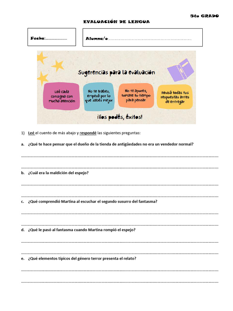 Evaluación de Lengua 5to Grado: Cuento y Actividades | PDF