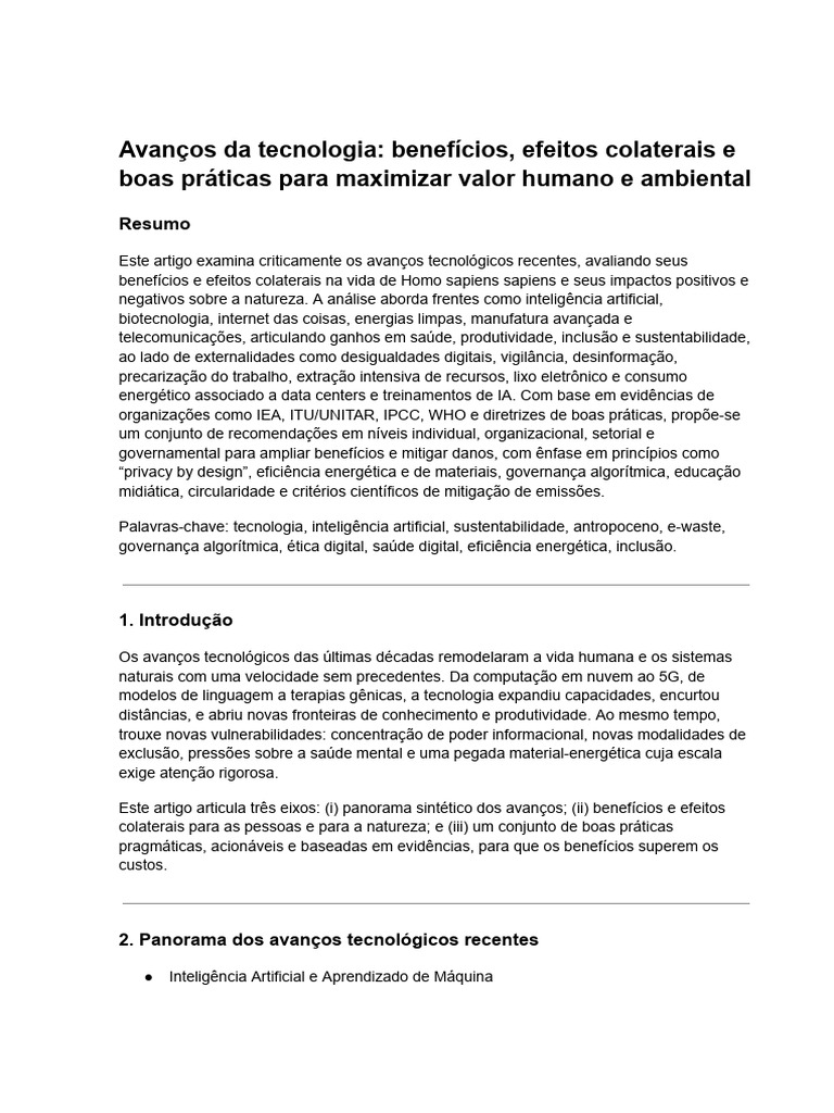 Avanços Tecnológicos: Benefícios e Riscos | PDF | Internet das Coisas