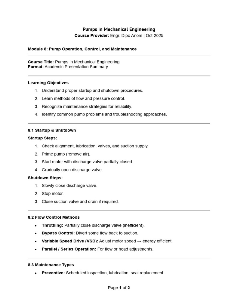 Pump Operation and Maintenance Guide | PDF