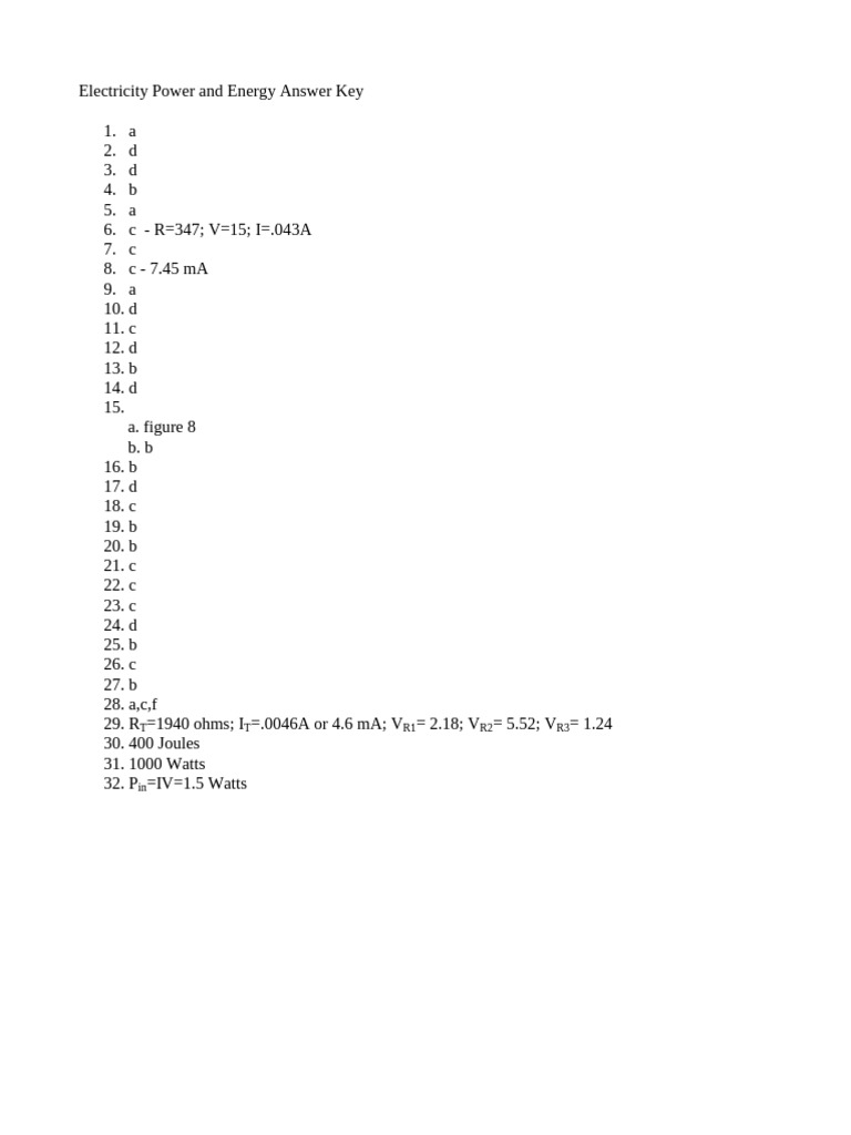 Electricity Power and Energy Answer Key | PDF
