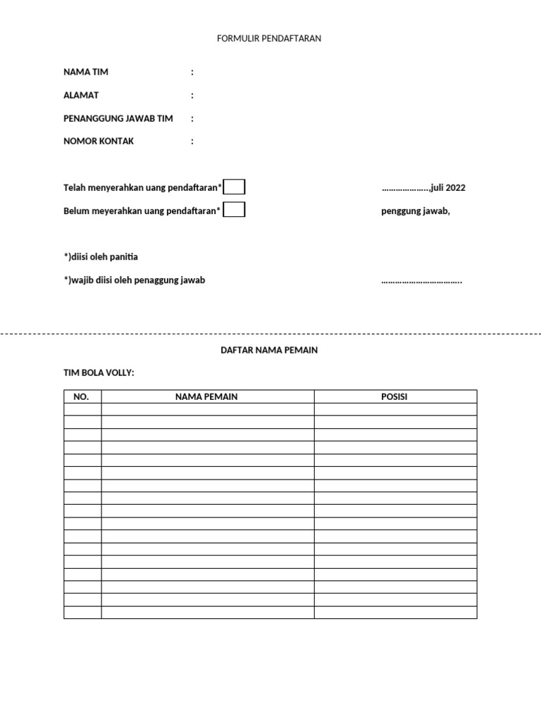 Formulir Pendaftaran Tim Bola Voli | PDF