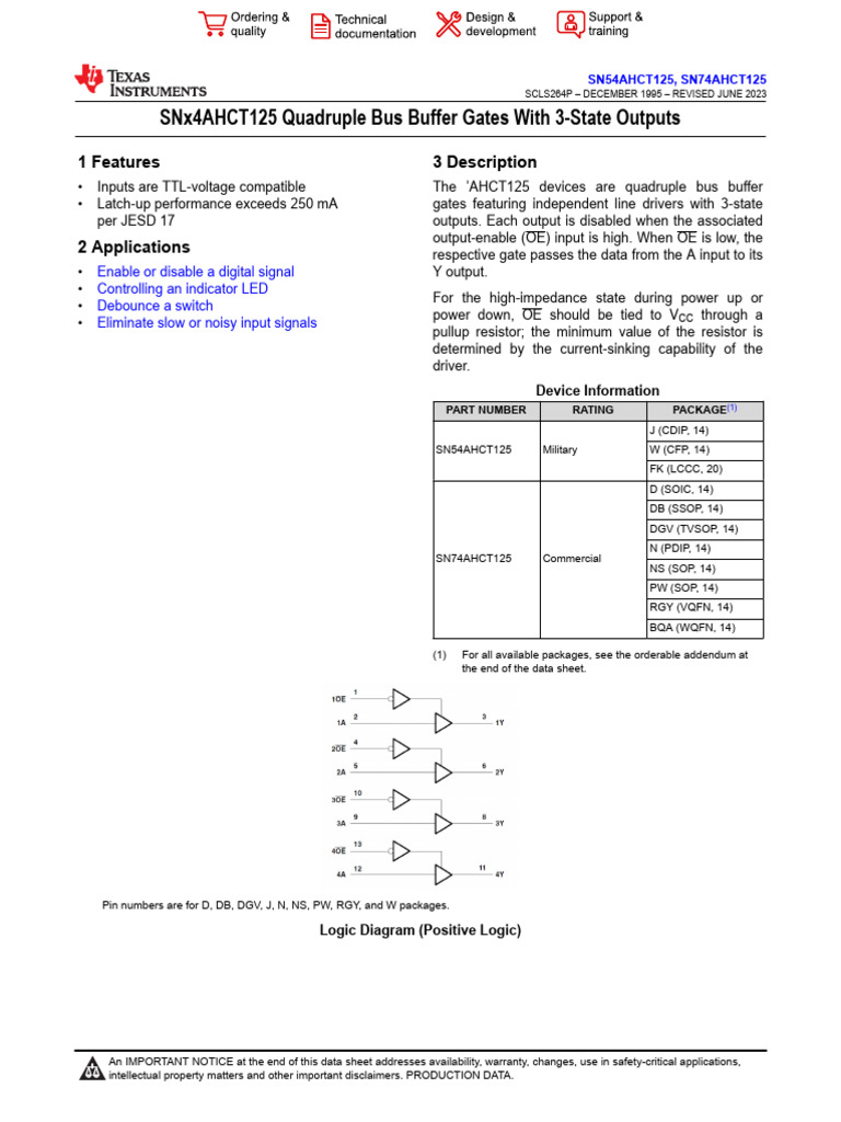 SN54AHCT125 Quad Bus Buffer Gates | PDF | Capacitor | Logic Gate