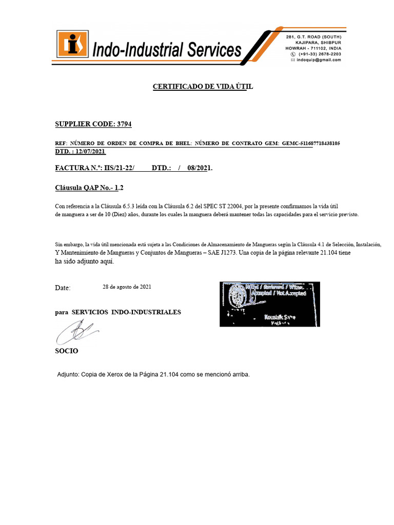 Certificado Vida Util Frutas