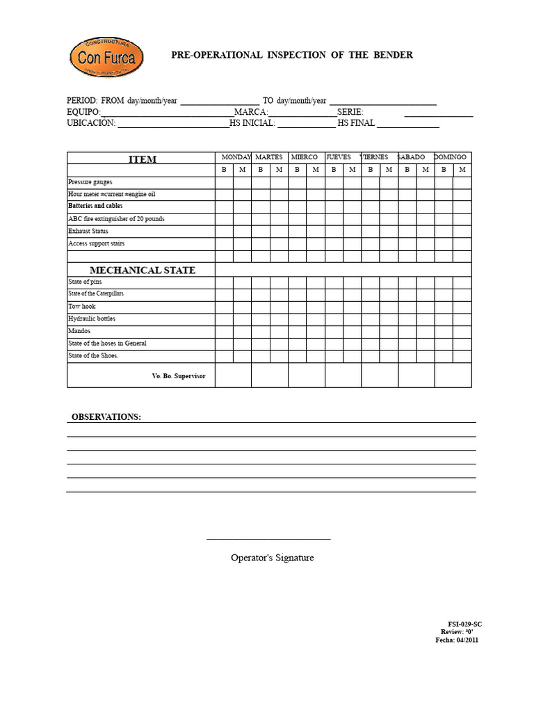 FSI-029-SC Pre-Operation Inspection of Bender | PDF