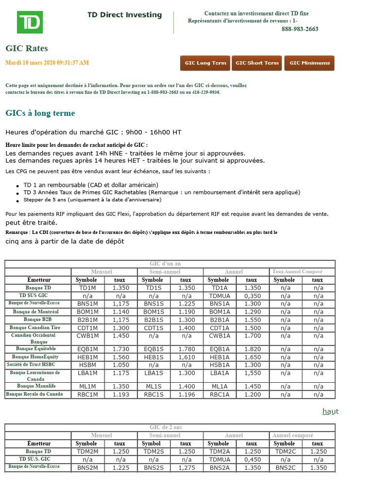 Taux GIC de TD Direct Investing | PDF | Finances personnelles | Investir