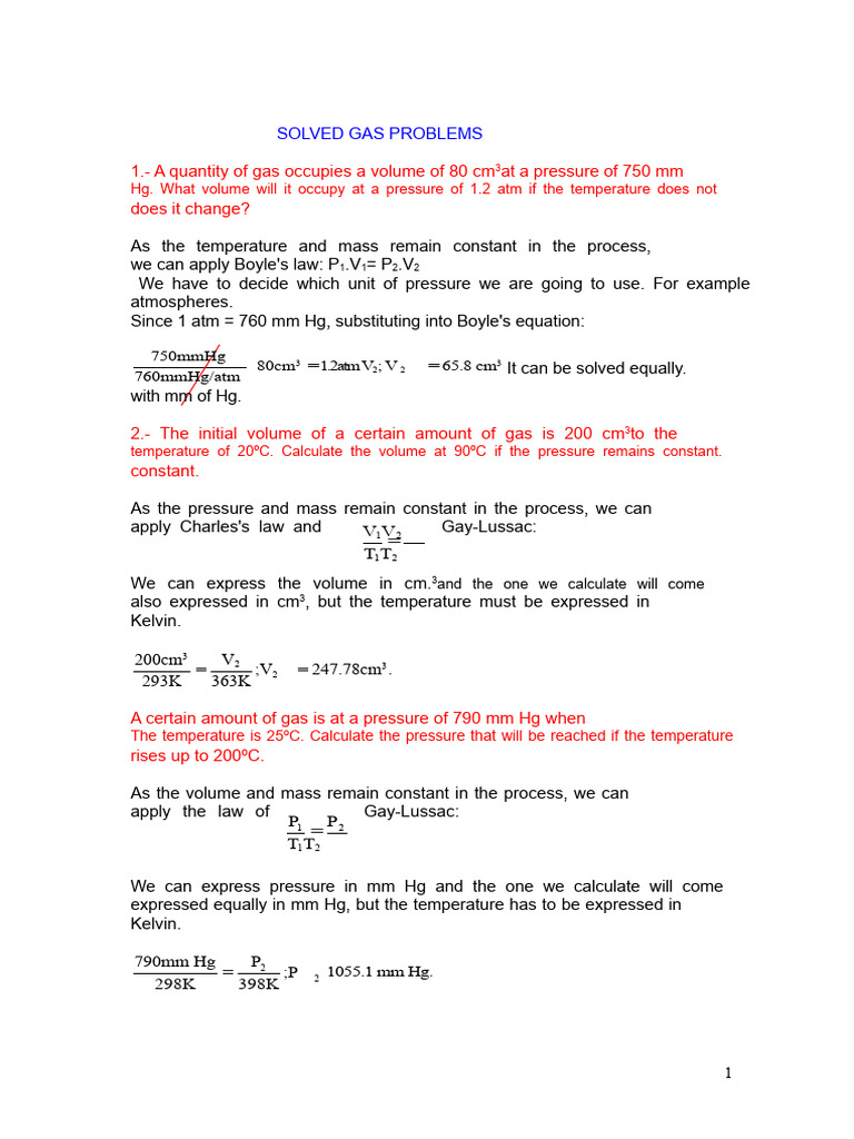 Gas Laws Problem Solutions and Calculations | PDF | Mole (Unit) | Gases