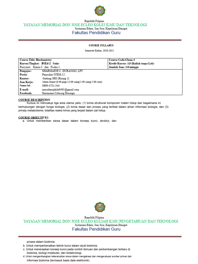 Silabus Biokimia BSEd-2 2020-2021 | PDF
