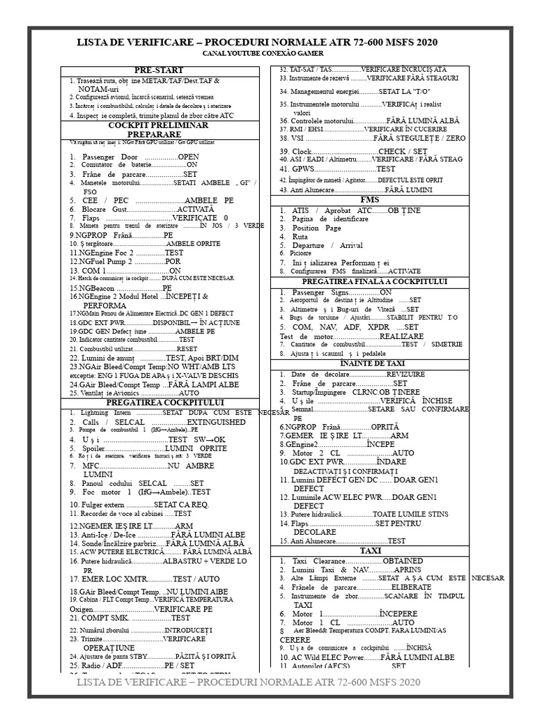 Listă de Verificare Pentru Atr-72-600 Pentru MSFS2020 PDF | PDF