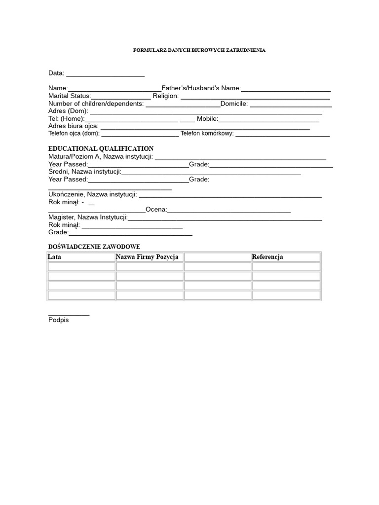 Format Formularza Danych Biograficznych Pracownika W Wordzie | PDF