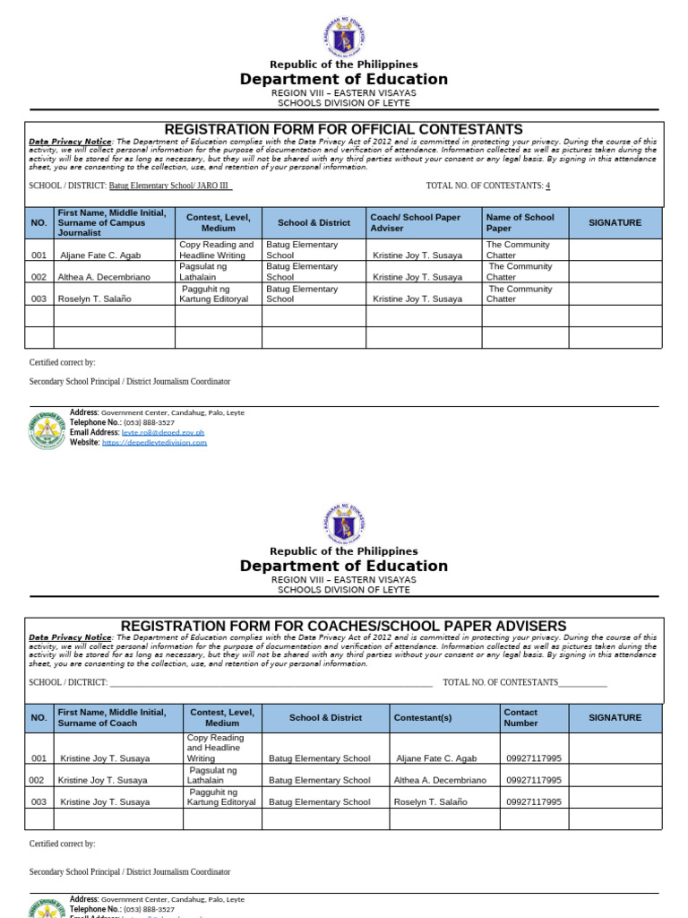 Registration Forms for DepEd Contestants | PDF | Government ...