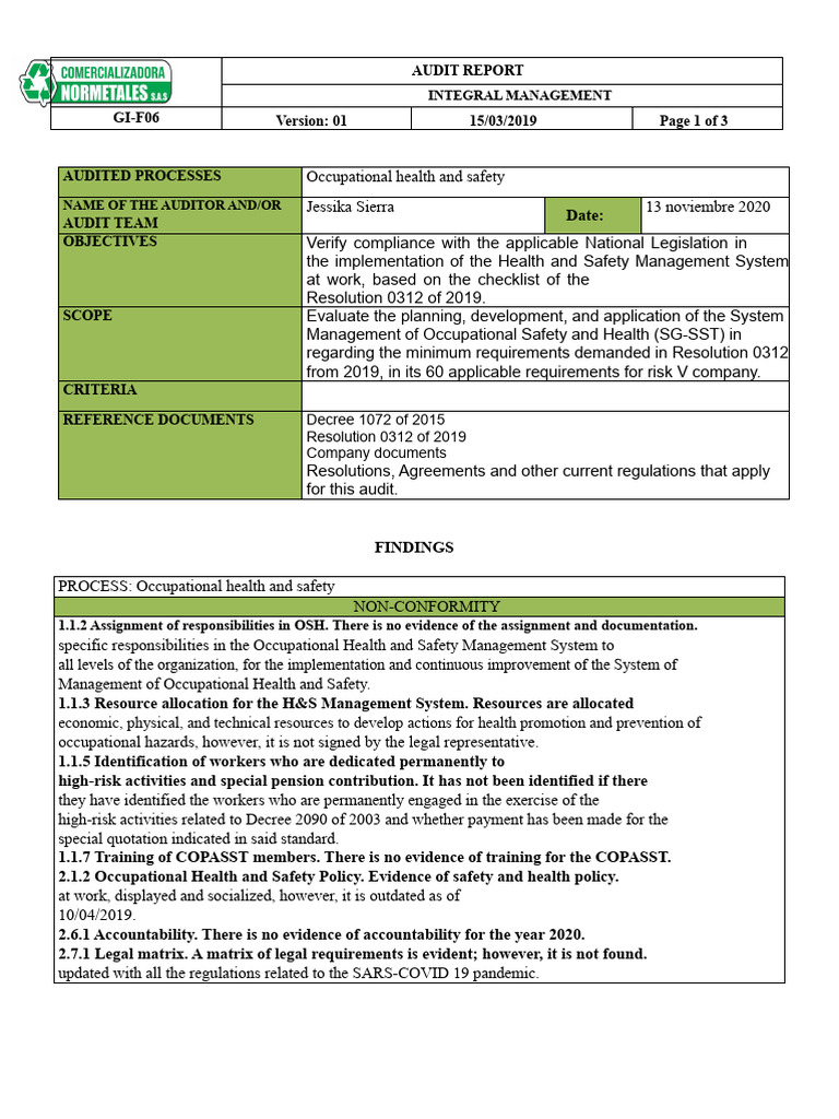 Occupational Health & Safety Audit Report | PDF | Occupational Safety ...