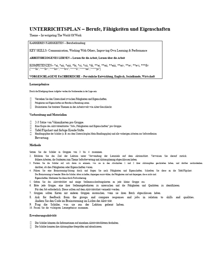 Unterrichtsplan 11 - Berufe, Fähigkeiten Und Eigenschaften | PDF
