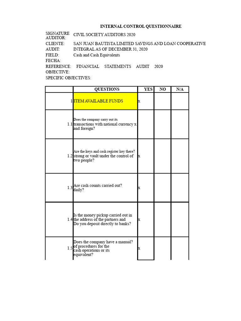 Internal Control Audit Questionnaire 2020 | PDF | Internal Control | Audit