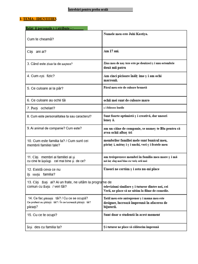 CONSOLIDATE Întrebări Examen Oral Spaniolă Ab Initio | PDF