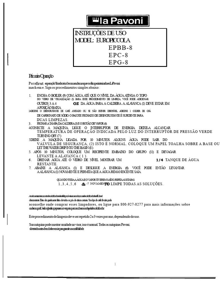 Instruções de Limpeza La Pavoni EPBB-8 | PDF | Caldeira