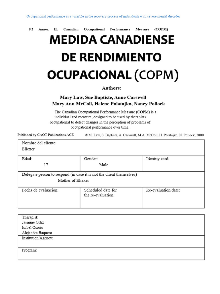 COPM for Mental Disorder Recovery | PDF | Behavioural Sciences | Psychology