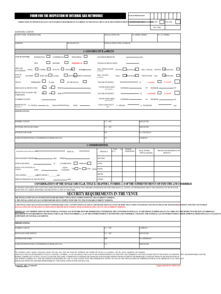 FORMAT FC 001 Form For The Inspection of Internal Gas Networks | PDF ...