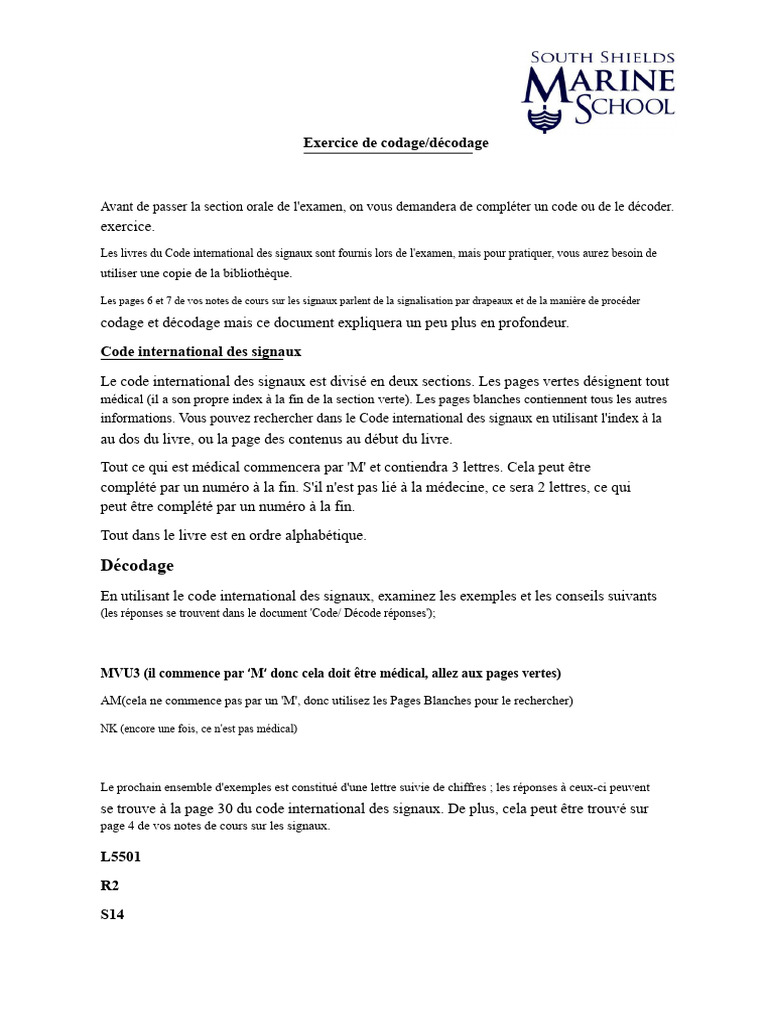 Exercice de codage et décodage maritime | PDF | Cryptage | Codage des ...