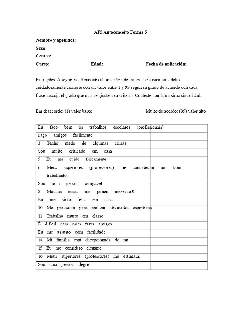 Avaliação do Autoconceito Forma 5 | PDF