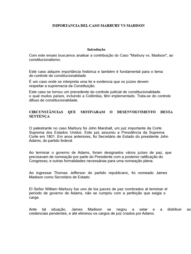Importância do Caso Marbury vs Madison | PDF | Marbury contra Madison ...