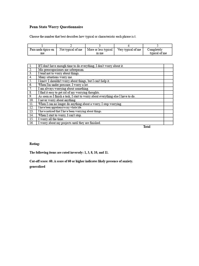 Penn State Worry Questionnaire Overview | PDF