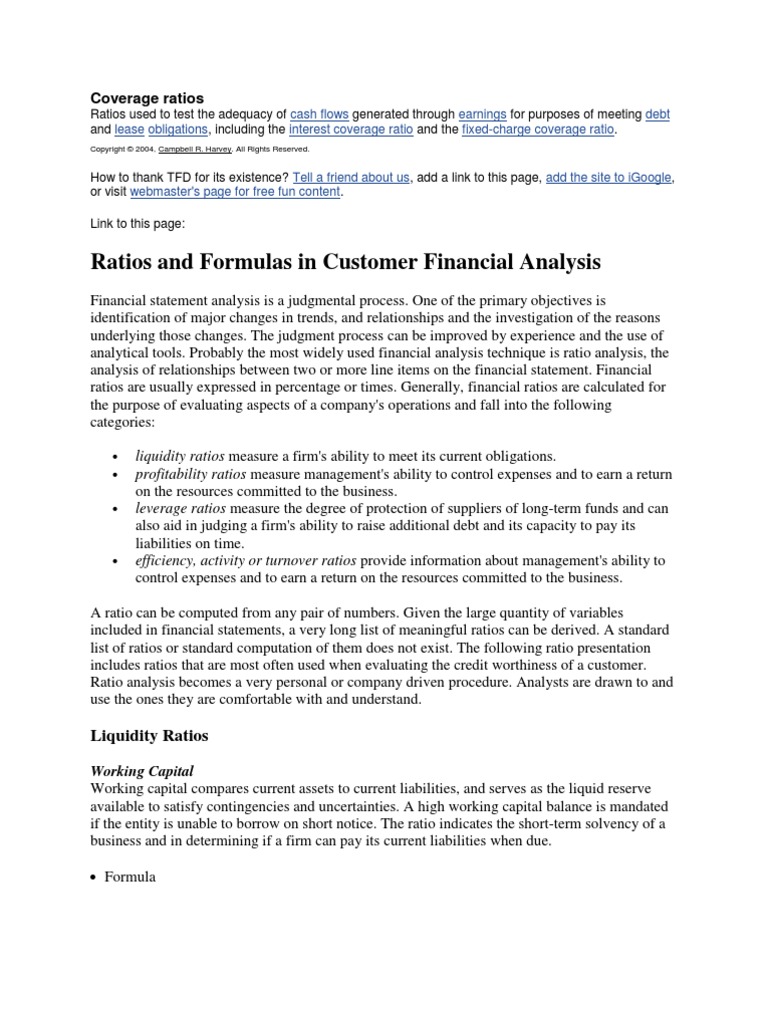 Ratios and Formulas in Customer Financial Analysis | PDF | Debits And ...