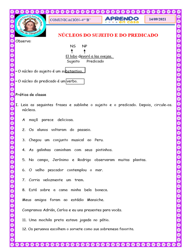 14-09-2021 Comunicação-Nucleo Do Sujeito e Do Predicado | PDF