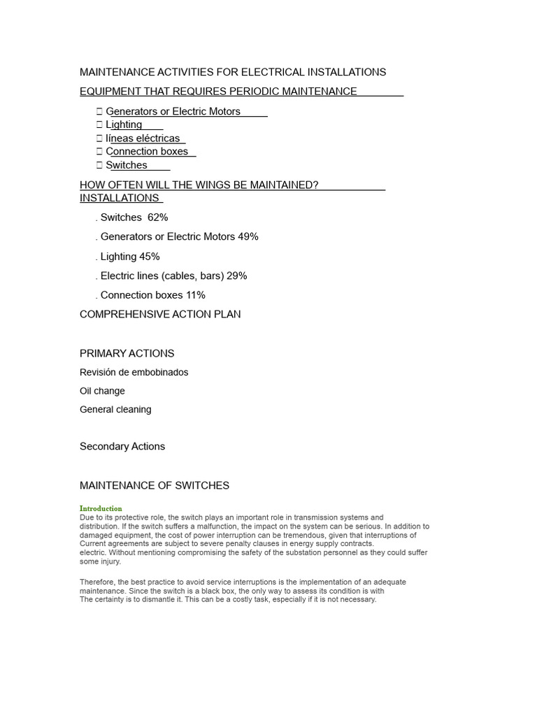 MAINTENANCE ACTIVITIES FOR ELECTRICAL INSTALLATIONS | PDF | Electrical ...