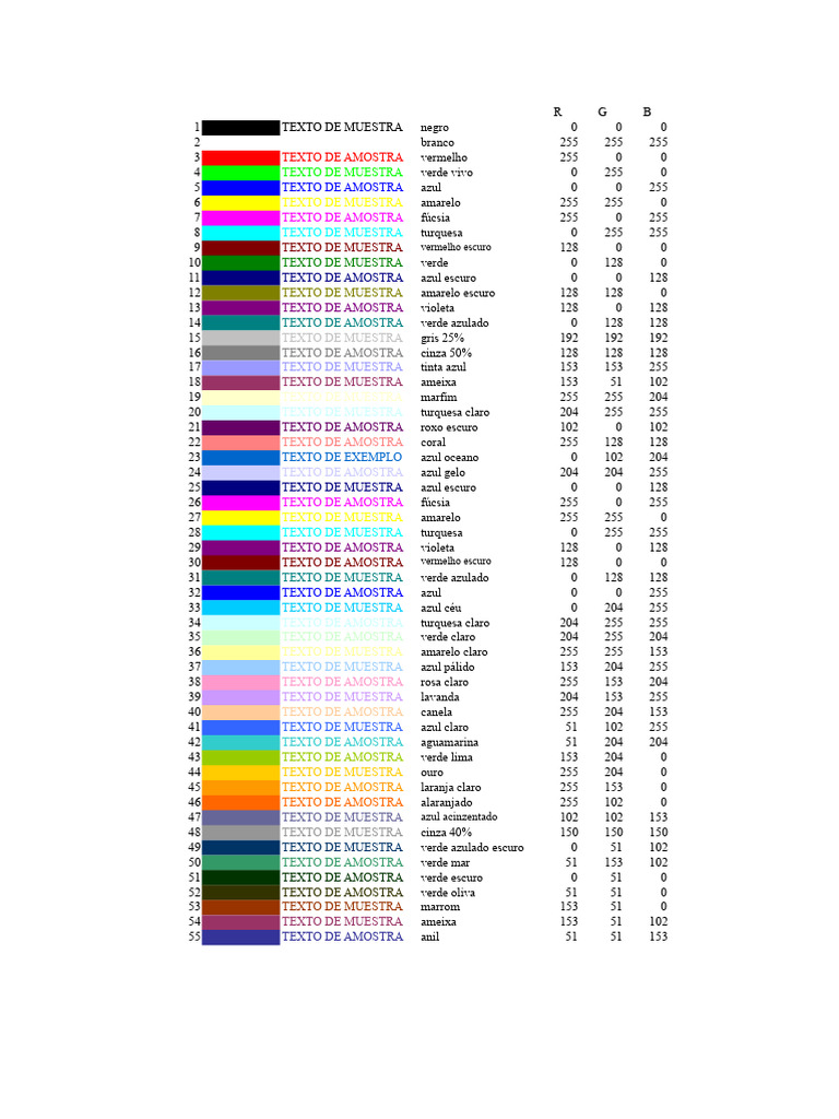 Lista de Colores y Códigos RGB | PDF | Arco iris