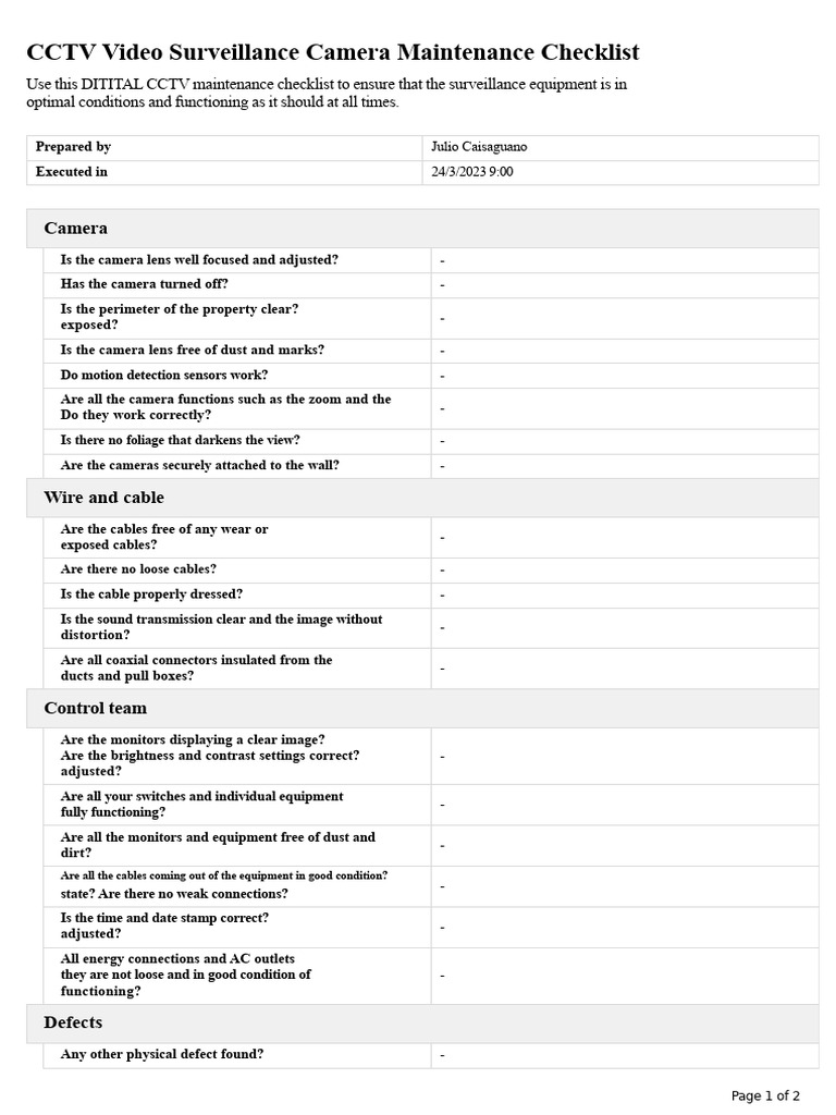 CCTV Maintenance Checklist Guide | PDF | Camera | Closed Circuit Television