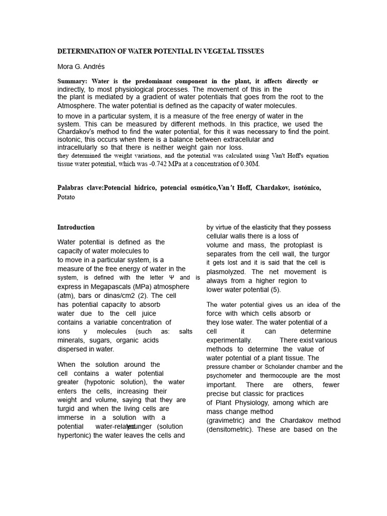 Determination of Water Potential in Plant Tissues | PDF | Biology