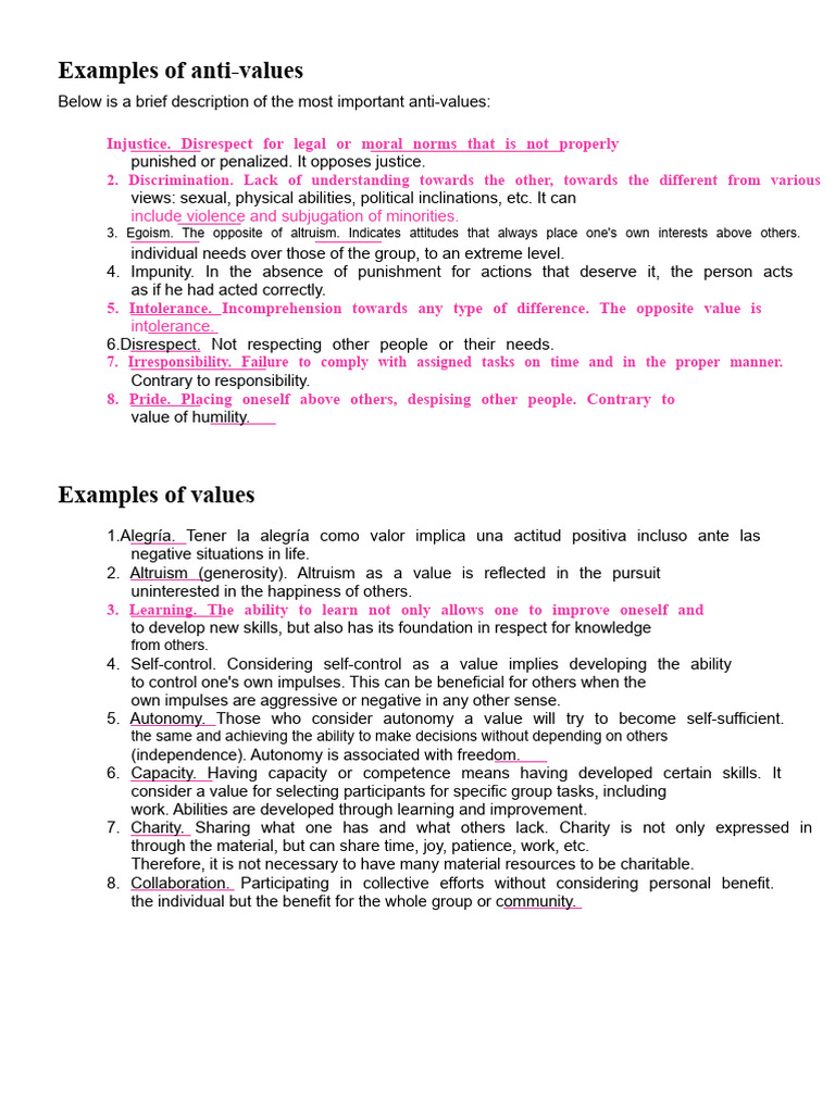 Examples of anti-values | PDF | Altruism | Autonomy
