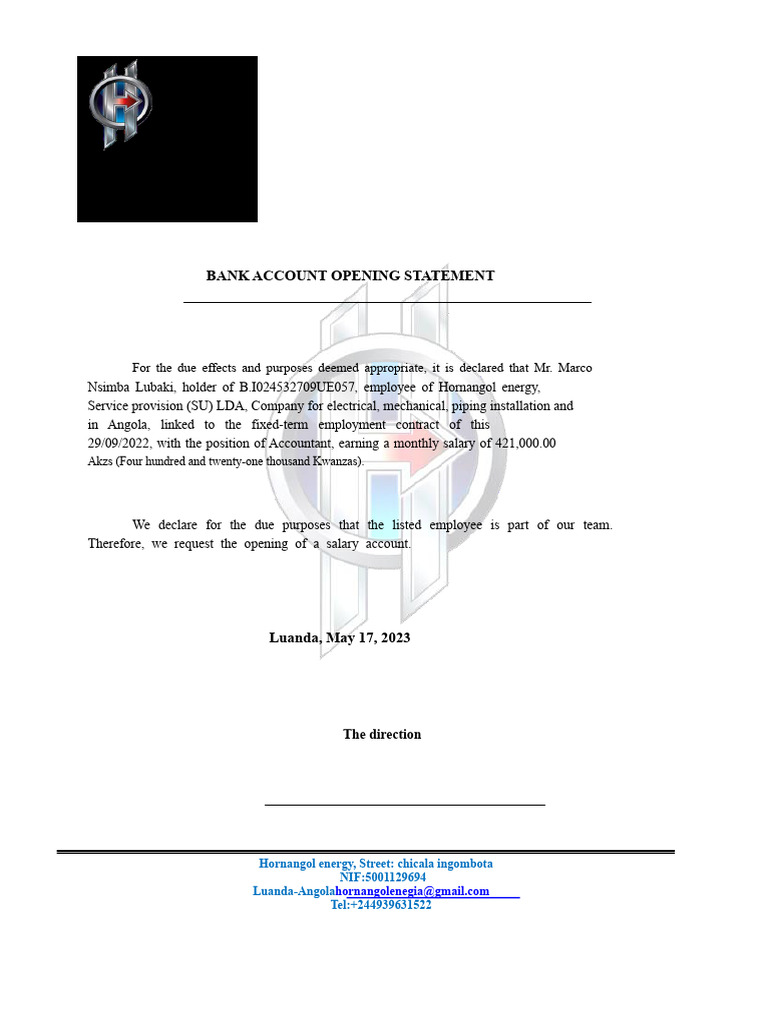 Bank Account Opening Statement | PDF