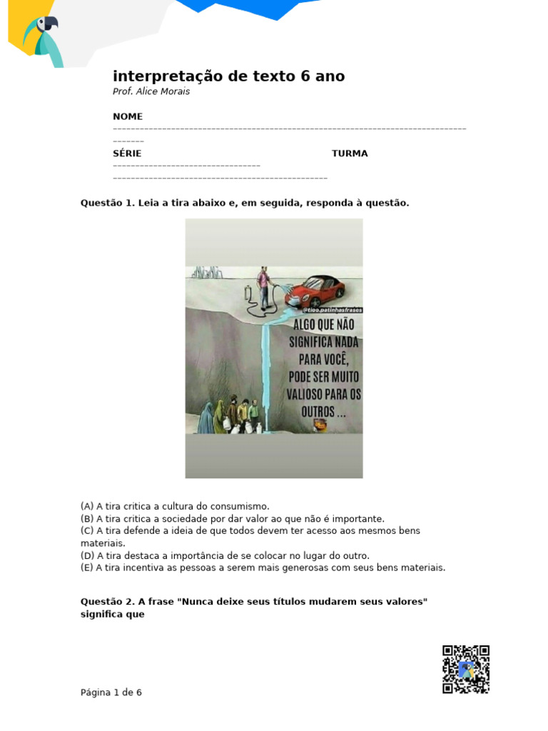 Interpretação de Texto para 6º Ano | PDF