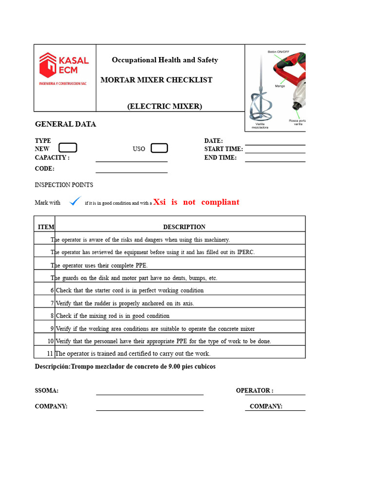 Mortar Mixer Safety Checklist | PDF