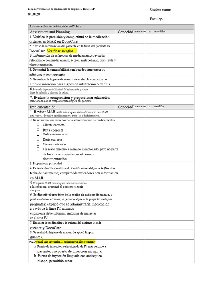 Verificación de IV Push: Checklist Completo | PDF | Inyección (medicina ...