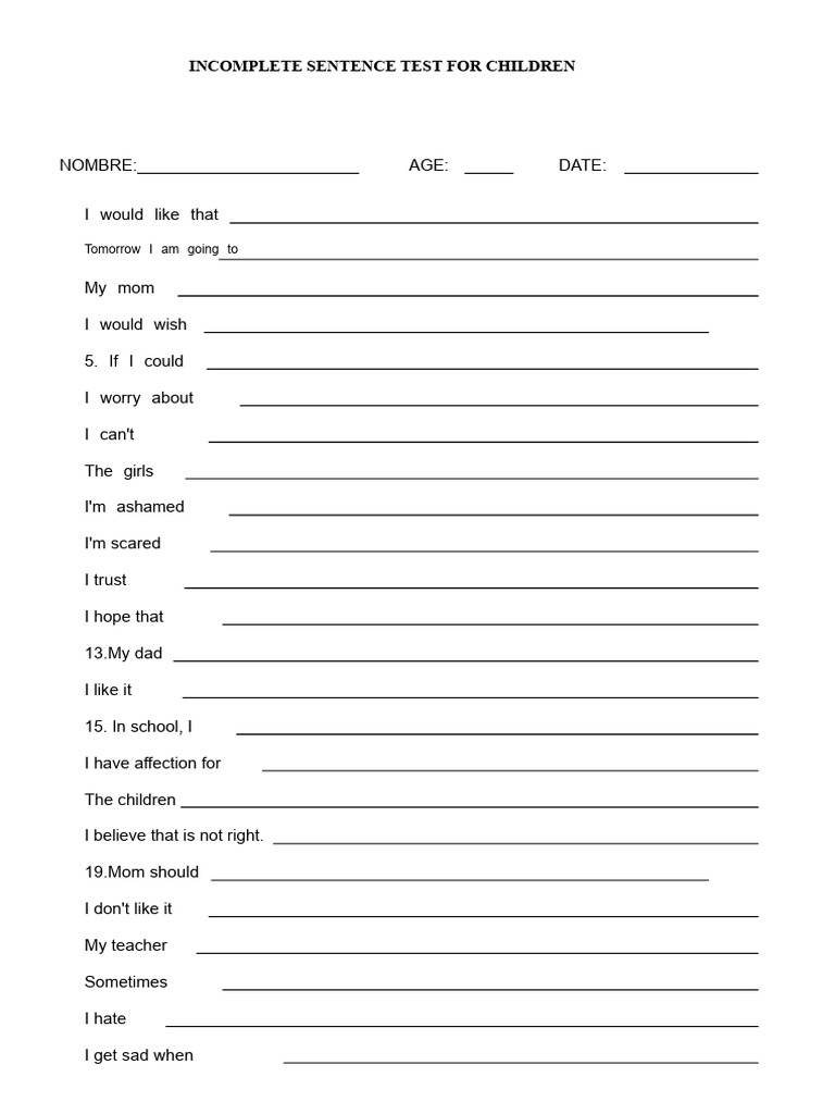 Incomplete Sentence Test for Kids | PDF