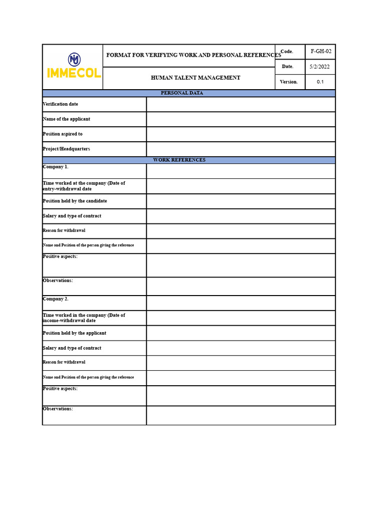 F-GH-02 Format For Verification of Employment and Personal References | PDF