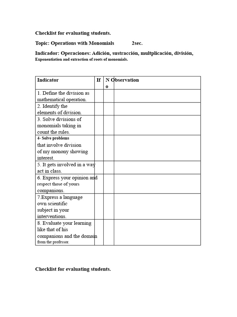 Student Evaluation Checklist: Math Operations | PDF | Exponentiation ...