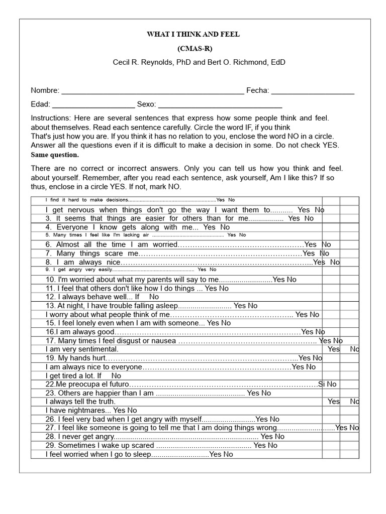 Cmas - R What I Think and Feel | PDF | Anxiety | Psychology