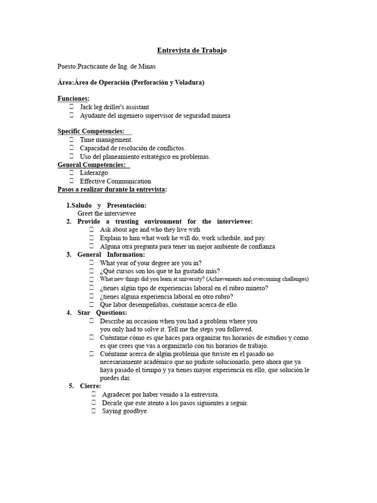 Interview For The Position of Mining Engineering Intern. | PDF