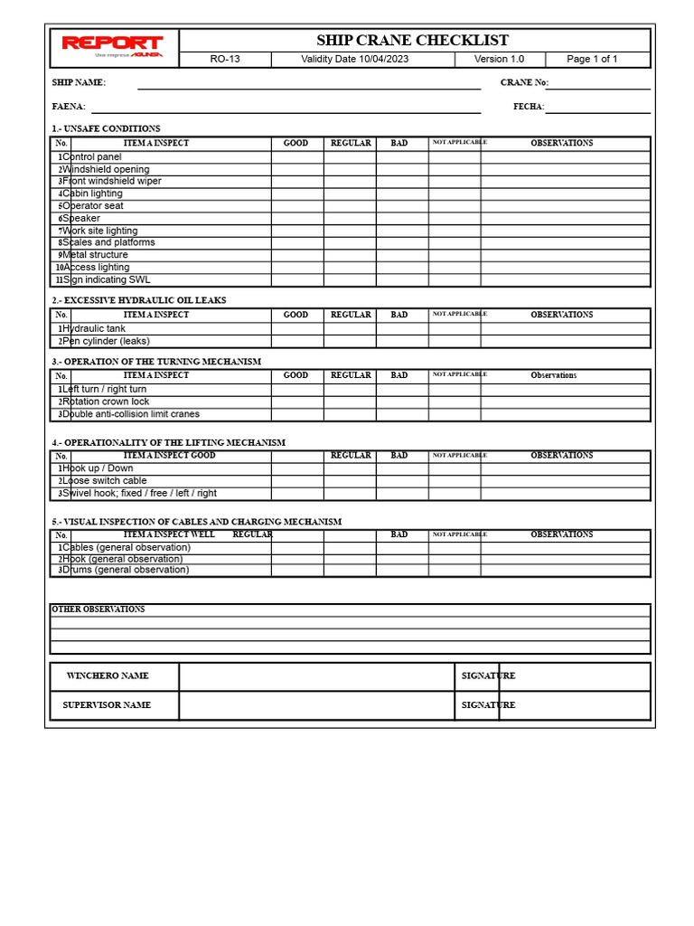 Ship Crane Safety Inspection Checklist | PDF