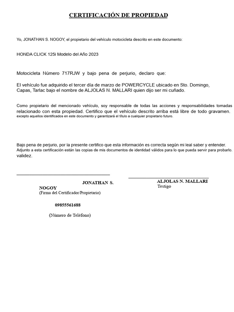Certificación de Propiedad | PDF