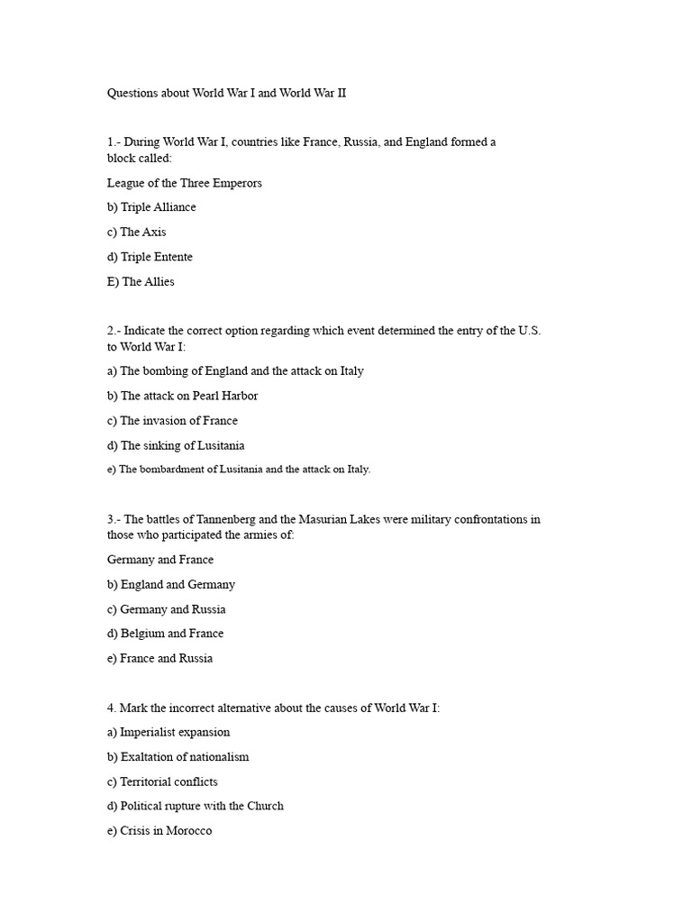 WWI and WWII Quiz Questions and Answers | PDF | World War II | Imperialism