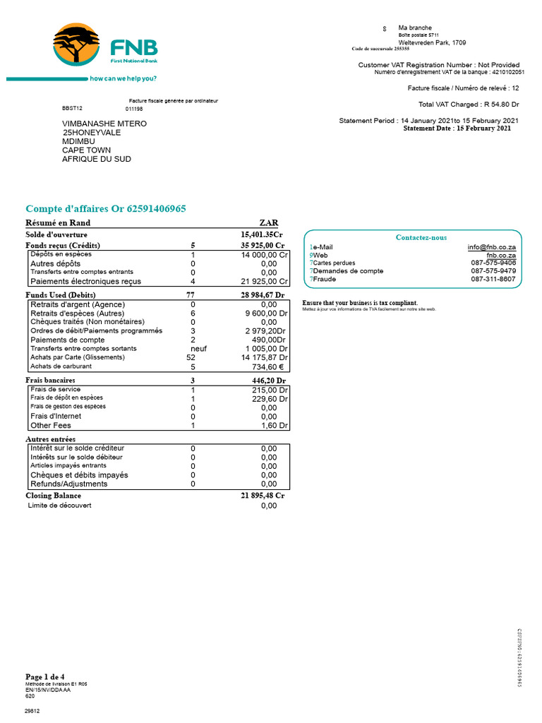 Relevé de compte d'affaires FNB 2021 | PDF | Banques | Facture
