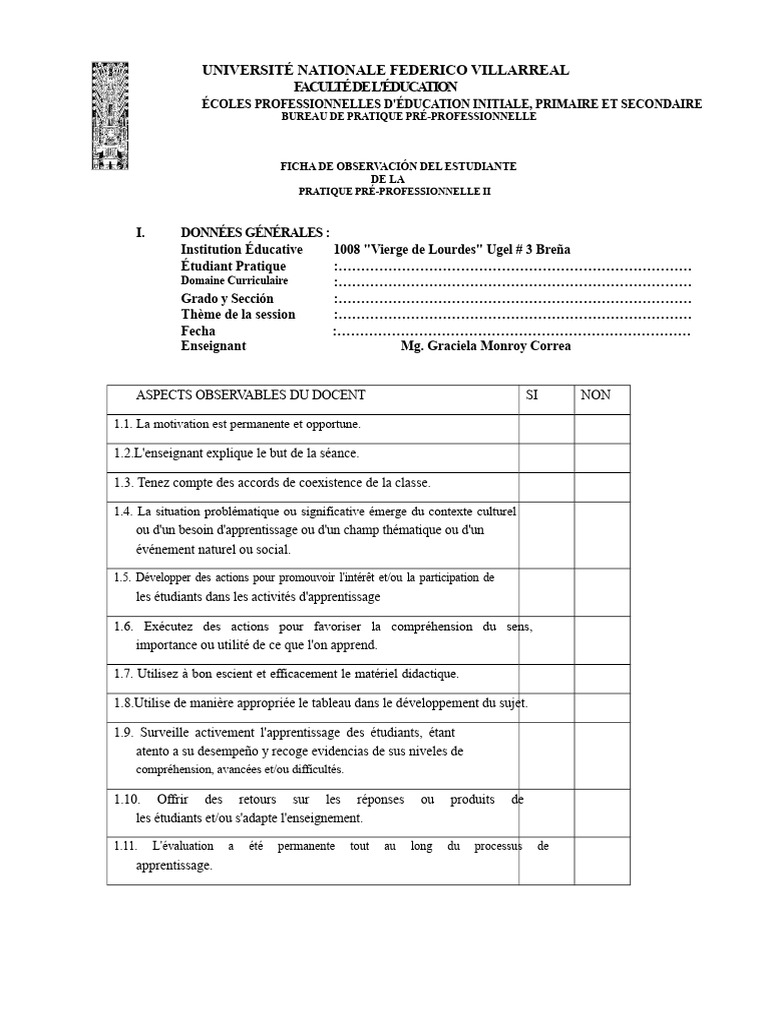 Fiche d'Observation Pratique Pré-Pro | PDF | Apprentissage ...